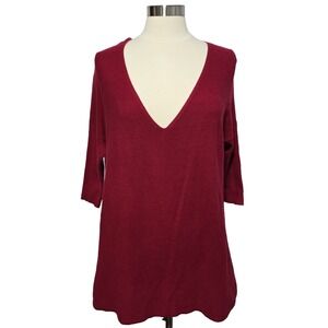 EILEEN FISHER Burgundy Ribbed V Neck 3/4 Sleeve Organic Cotton Sweater XS